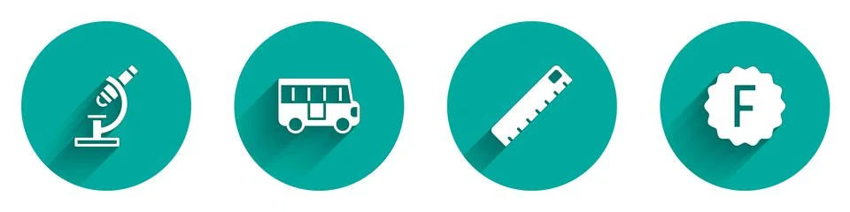 Set Microscope, School Bus, Ruler and Exam paper with incorrect answers icon 스톡 일러스트