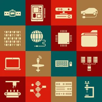 Set Microscope, Server, Data, Web Hosting, Document folder, Motion sensor 스톡 일러스트