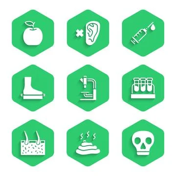 Set Microscope, Shit, Skull, Test tube with blood, Hair covering skin, Flat.. Stock Illustration