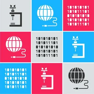 Set Microscope, Social network and Binary code icon. Vector Stock Illustration