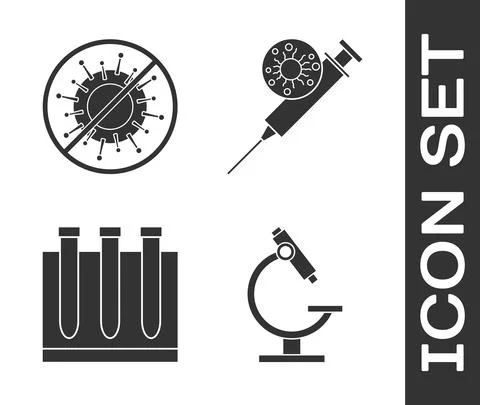 Set Microscope, Stop virus, Blood test and virus and Syringe and virus icon Stockillustratie