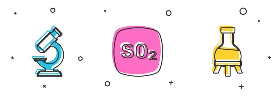 Set Microscope, Sulfur dioxide SO2 and Test tube icon. Vector Illustrazione stock