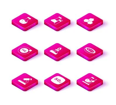 Set Microscope, Sulfur dioxide SO2, Helium, Alcohol or spirit burner, Test tube Stock Illustration