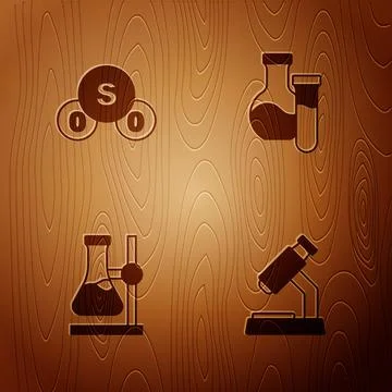 Set Microscope, Sulfur dioxide SO2, Test tube flask on stand and on wooden Stock Illustration