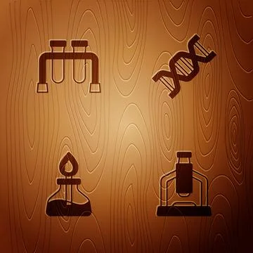 Set Microscope, Test tube, Alcohol or spirit burner and DNA symbol on wooden Stock Illustration