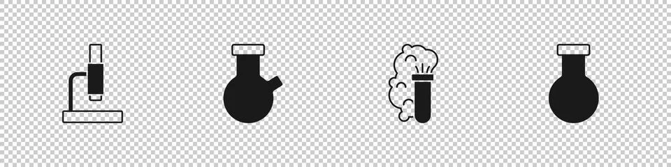 Set Microscope, Test tube and flask, Chemical explosion and icon. Vector Stock Illustration