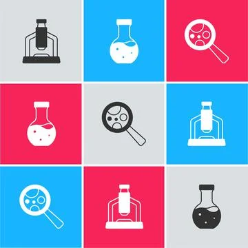 Set Microscope, Test tube and Microorganisms under magnifier icon. Vector Stock Illustration