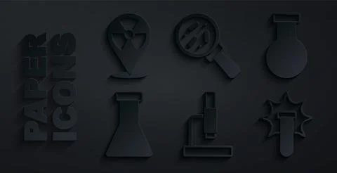 Set Microscope, Test tube and flask, Chemical explosion, Microorganisms under Stock Illustration