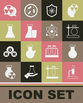 Set Microscope, Test tube and flask, on stand, Shield protecting from virus Stockillustratie