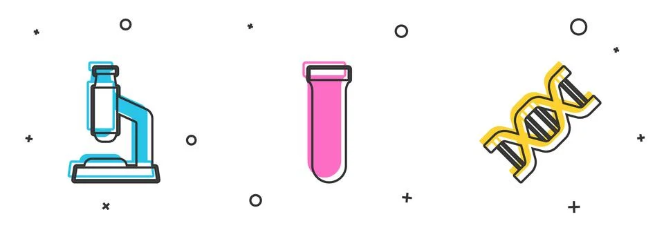 Set Microscope, Test tube and DNA symbol icon. Vector イラスト素材
