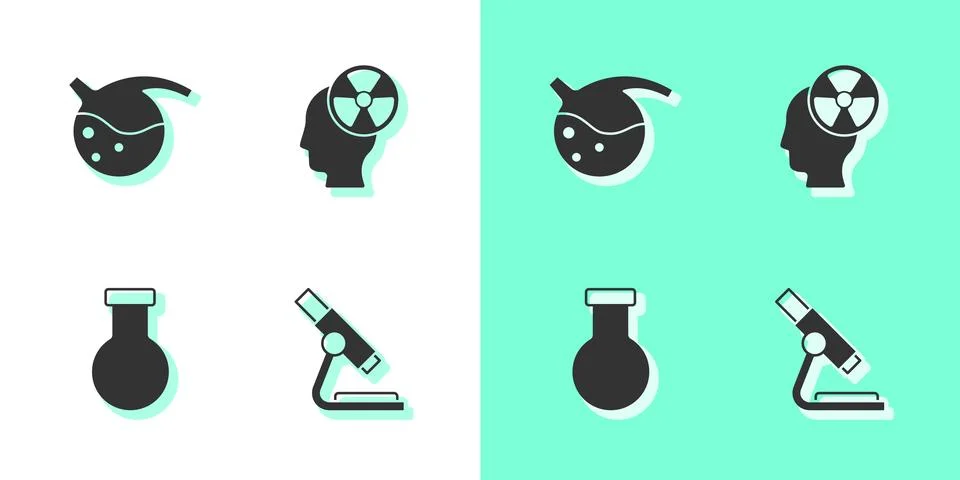 Set Microscope, Test tube and flask, and Head radiation symbol icon. Vector 스톡 일러스트
