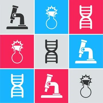 Set Microscope, Test tube and flask and DNA symbol icon. Vector Stock Illustration