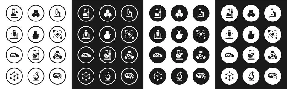 Set Microscope, Test tube, flask on stand, Atom, Chemical formula, Ozone and CO2 イラスト素材