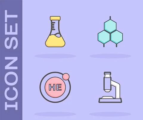 Set Microscope, Test tube, Helium and Chemical formula icon. Vector 库存插图