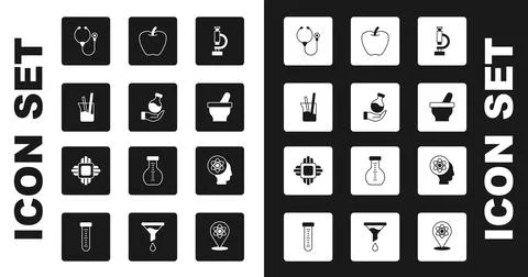 Set Microscope, Test tube, Laboratory glassware, Stethoscope, Mortar and pestle イラスト素材