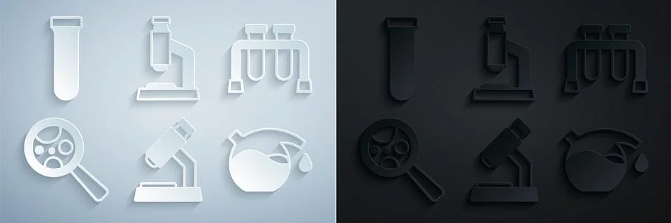 Set Microscope, Test tube, Microorganisms under magnifier, and icon. Vector Stock Illustration