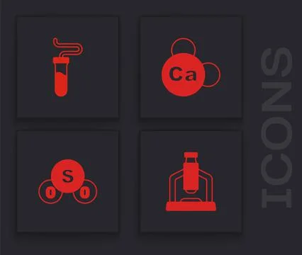Set Microscope, Test tube, Mineral Ca Calcium and Sulfur dioxide SO2 icon. Ve 스톡 일러스트