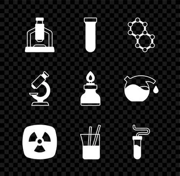 Set Microscope, Test tube, Molecule, Radioactive, Laboratory glassware, and Illustrazione stock