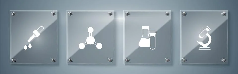 Set Microscope, Test tube, Molecule and Pipette. Square glass panels. Vector Stock Illustration