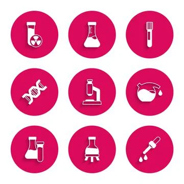 Set Microscope, Test tube, Pipette, DNA symbol, and with toxic liquid icon Stockillustratie