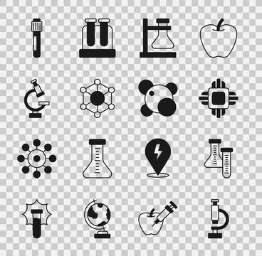 Set Microscope, Test tube, Processor CPU, flask on stand, Molecule, and icon 스톡 일러스트