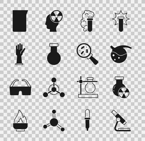 Set Microscope, Test tube radiation, and flask, Chemical explosion, Medical Stockillustratie
