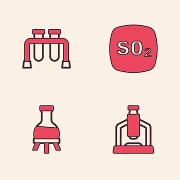 Set Microscope, Test tube, Sulfur dioxide SO2 and  icon. Vector Illustrazione stock