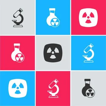Set Microscope, Test tube with toxic liquid and Radioactive icon. Vector イラスト素材