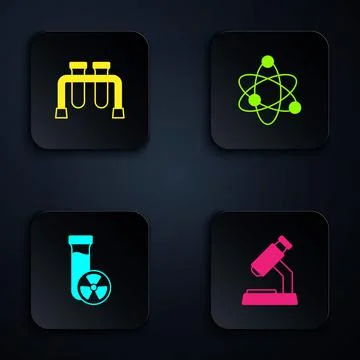 Set Microscope, Test tube, with toxic liquid and Atom. Black square button Stockillustratie