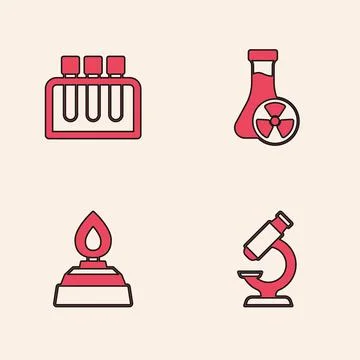Set Microscope, Test tube, with toxic liquid and Alcohol or spirit burner icon Stockillustratie