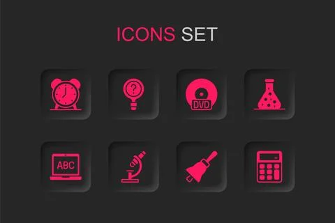 Set Microscope, Unknown search, Alarm clock, Ringing bell, Test tube, Calcu.. Stock Illustration