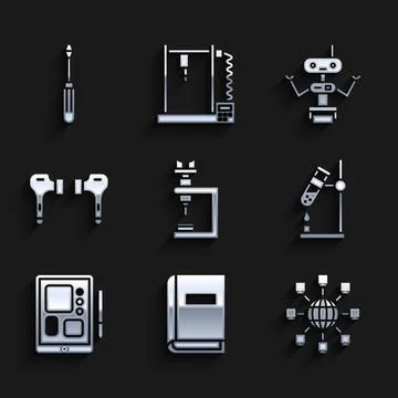 Set Microscope, User manual, Social network, Test tube flask on fire, Graphic Stock Illustration