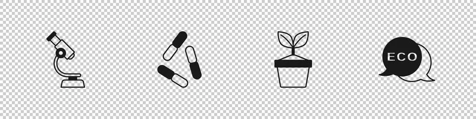 Set Microscope, Virus, Plant in pot and Label for eco healthy food icon. Vector Illustrazione stock