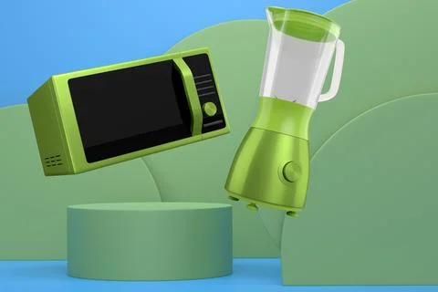 Set of microwave and blender floating above podium, minimal style, abstract b Stock Illustration