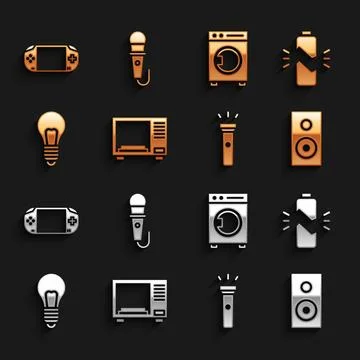 Set Microwave oven, Broken battery, Stereo speaker, Flashlight, Light bulb .. Stock Illustration