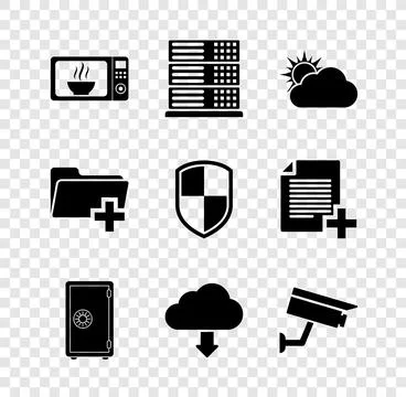 Set Microwave oven, Server, Data, Web Hosting, Sun and cloud weather, Safe Illustrazione stock