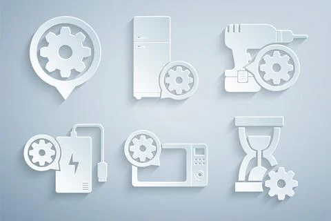 Set Microwave oven setting, Drill machine, Power bank, Hourglass, Refrigera.. Stock Illustration