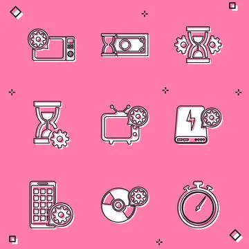 Set Microwave oven setting, Fast payments, Hourglass, , Tv and Power bank i.. Stock Illustration