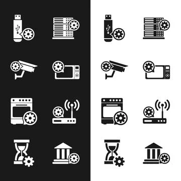 Set Microwave oven setting, Security camera, USB flash drive, Server, Oven and Stock Illustration