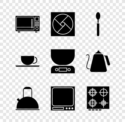 Set Microwave oven, Ventilation, Spoon, Kettle with handle, Electronic scales Illustration