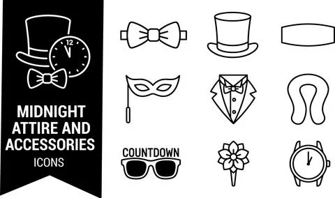 SET Midnight attire and accessories icons including top hat, bow tie, mask,.. Ilustración de archivo