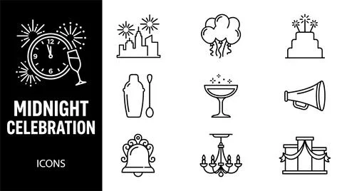 SET Midnight celebration icons set with clock, champagne, cake, city skylin.. Stock Illustration