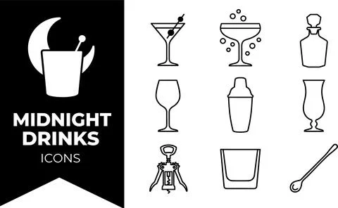 SET Midnight Drinks Icons Collection: Martini, Champagne Coupe, Decanter, W.. Stock Illustration