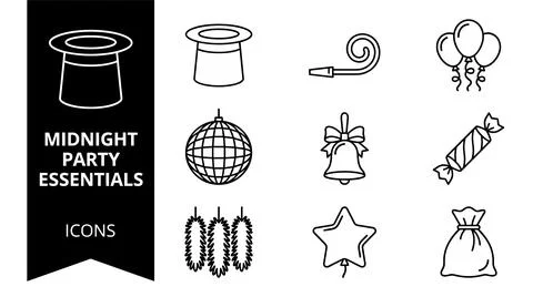 SET Midnight party essentials icons collection featuring top hat, party blo.. Ilustración de archivo