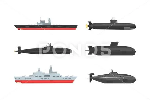 Set of military and civil ships. Submarine, cargo ship maritime ...