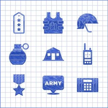 Set Military barracks, army, Dynamite bomb, Walkie talkie, reward medal, Hand Stock Illustration