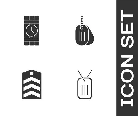 Set Military dog tag, Dynamite and timer clock, Chevron and icon. Vector 스톡 일러스트