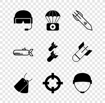 Set Military helmet, Parachute with first aid kit, Biohazard rocket, dog ta.. Stock Illustration