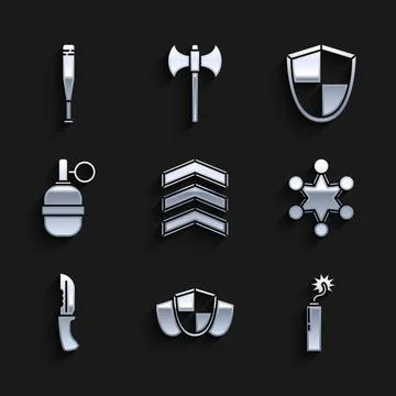 Set Military rank, Shield, Dynamite bomb stick clock, Police badge, knife, Hand Stock Illustration