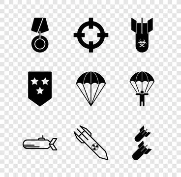 Set Military reward medal, Target sport, Biohazard bomb, Submarine, Nuclear.. Stock Illustration